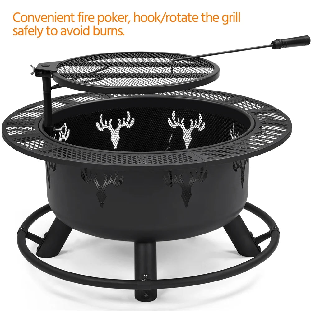 32'' Round Wood Burning Fire Pit with Poker & Swivel Cooking Grate Q877