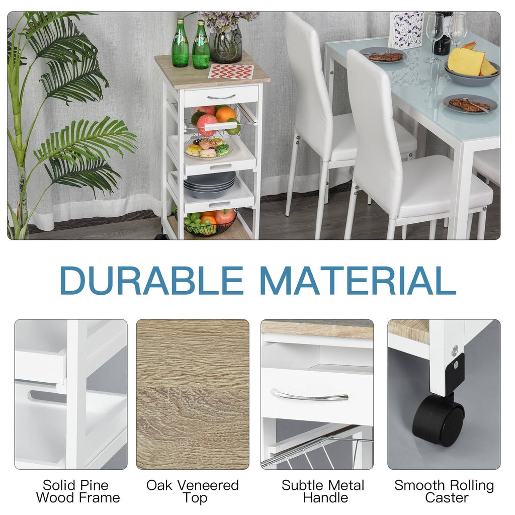 White Mobile Rolling Kitchen Island Trolley Serving Cart with Drawer and Wire Storage Basket O191516