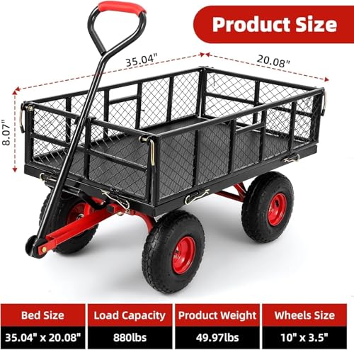 880 lb 10-inch tire steel garden cart with 4-side removable mesh and 180° swivel handle Z6294