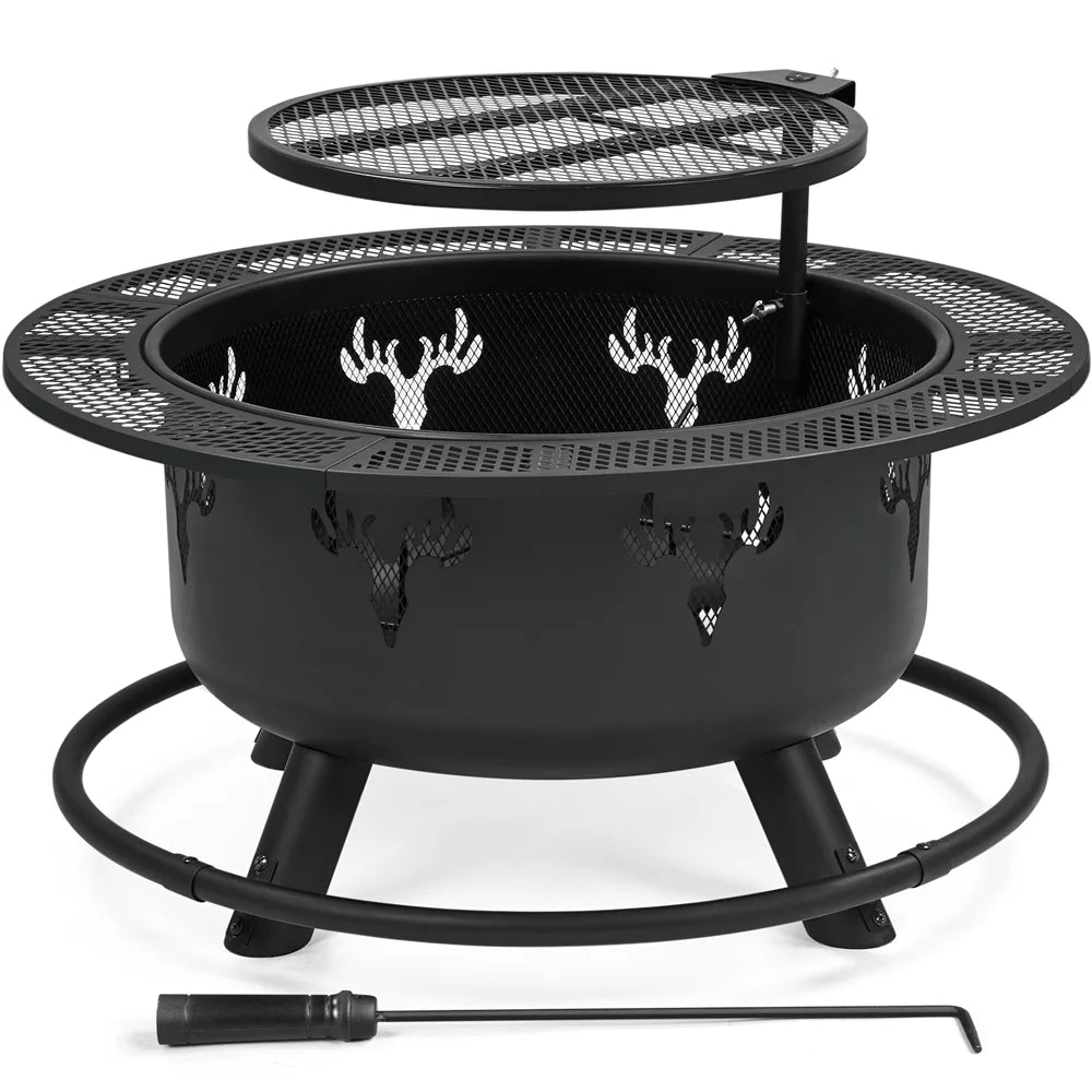 32'' Round Wood Burning Fire Pit with Poker & Swivel Cooking Grate Q877