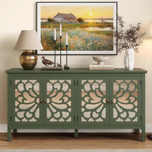 Forest Green Buffet Cabinet with Mirror and Adjustable Shelves R232