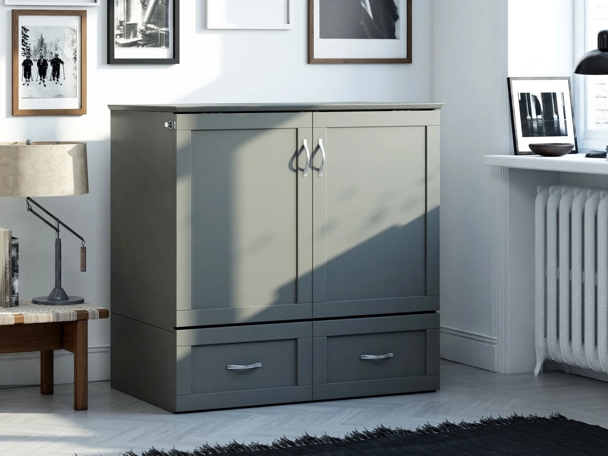 Twin XL Solid Wood Murphy Bed Chest with Mattress, Drawer and Charger, Grey P57607
