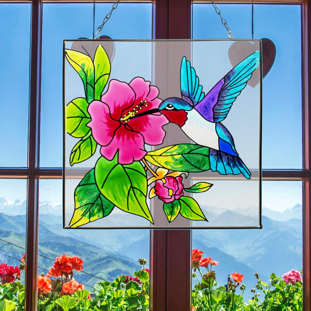 Hummingbird Stained Glass Window Hangings with Metal Chain C33679