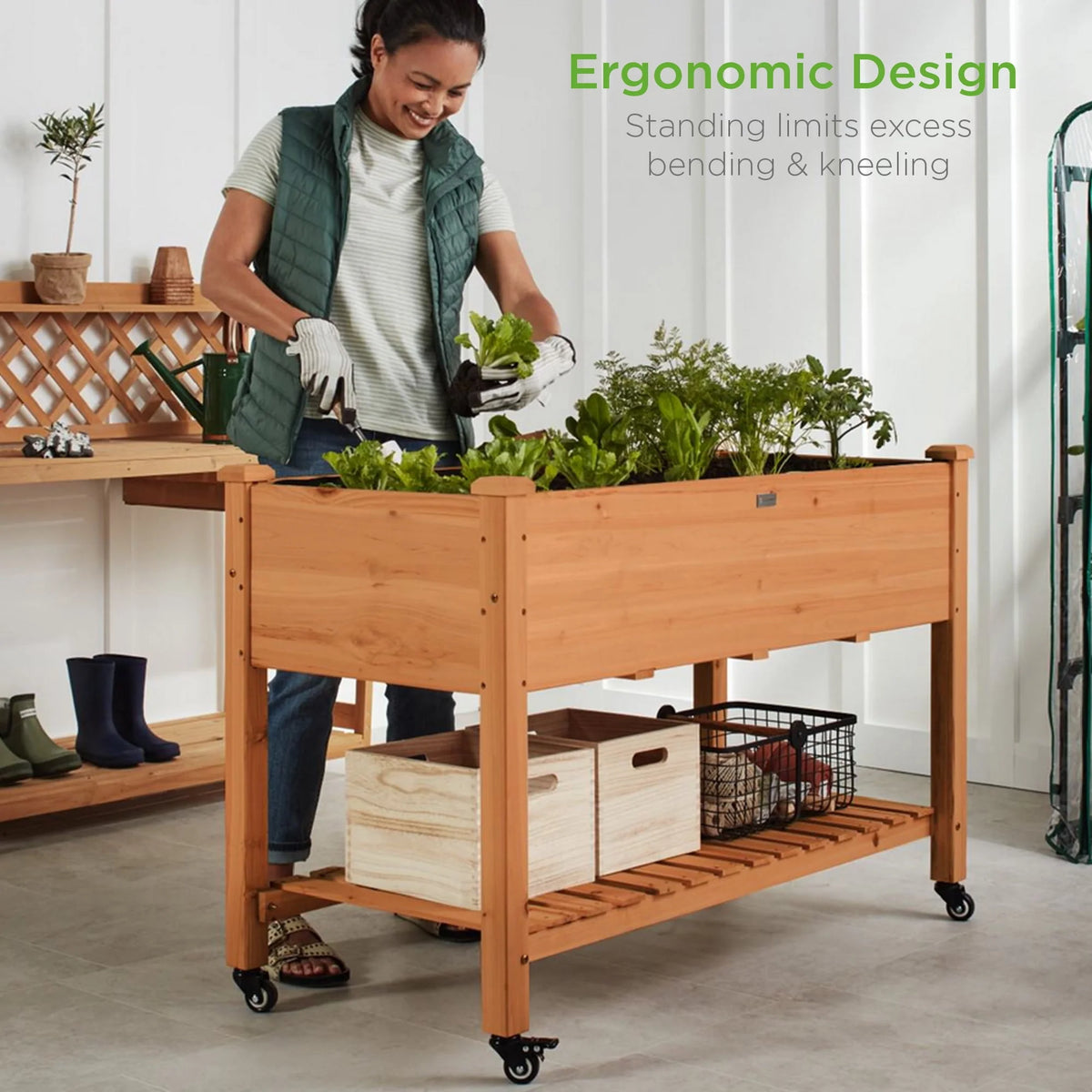 48x24x32in Wood Raised Garden Bed with Wheel Locks V97054