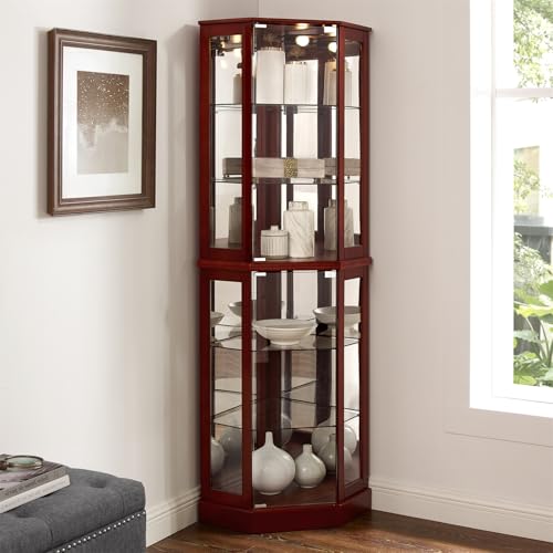 6-Tier Lighted Corner Curio Cabinet with Mirrors and Adjustable Shelves (Cherry) R283717