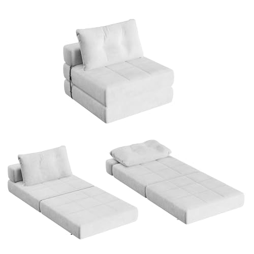 White Chenille Folding Sofa Bed with Headrest & Lumbar Pillow R184