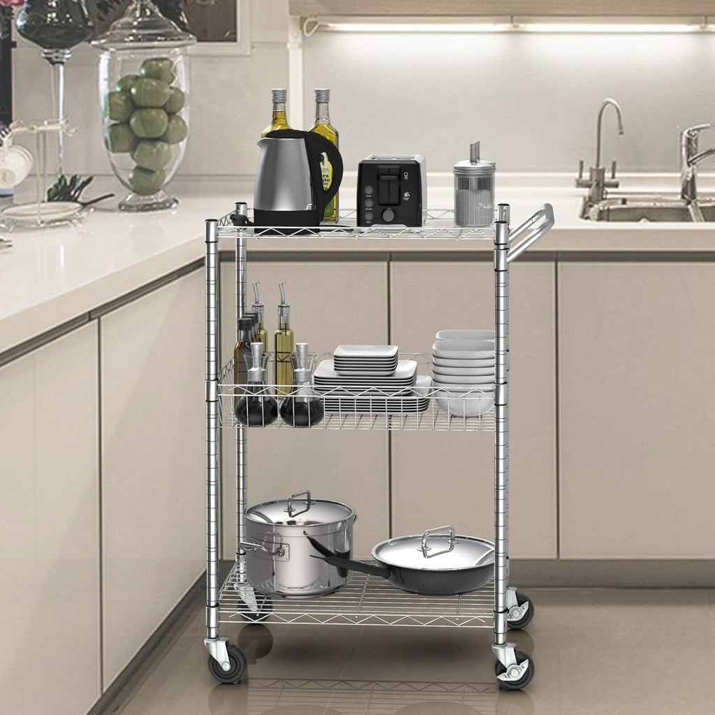 3-Tier Silver Steel Rolling Kitchen Trolley Cart with Storage Shelves X3618