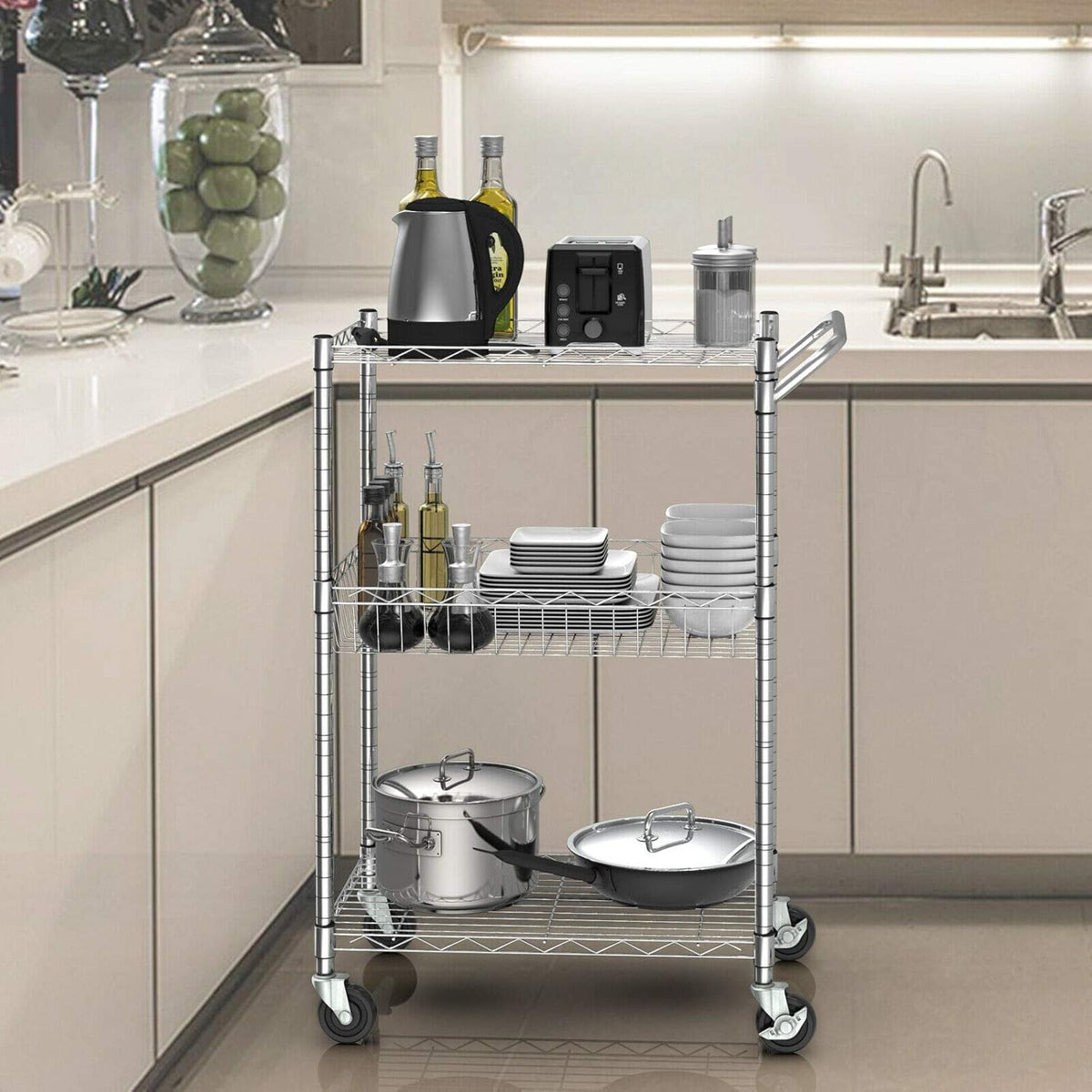3-Tier Silver Steel Rolling Kitchen Trolley Cart with Storage Shelves X3618