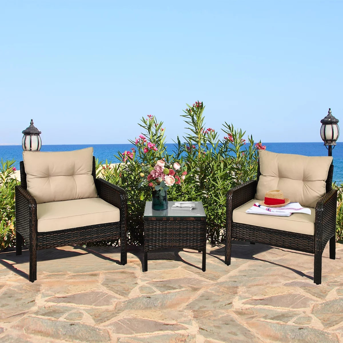 3PCS Brown Patio Rattan Furniture Set with Cushioned Chairs Coffee Table M67627