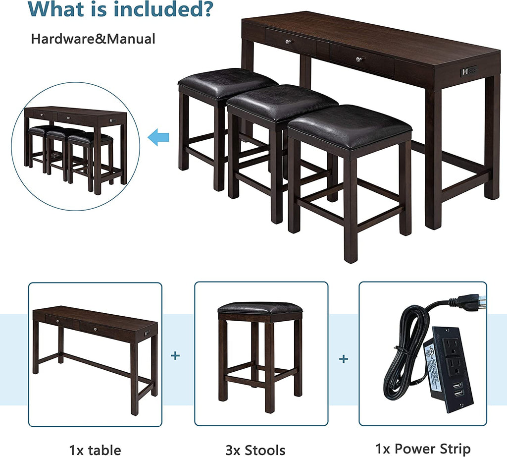 4-Piece Counter Height Dining Table Set with 3 PU Leather Padded Stools V13840