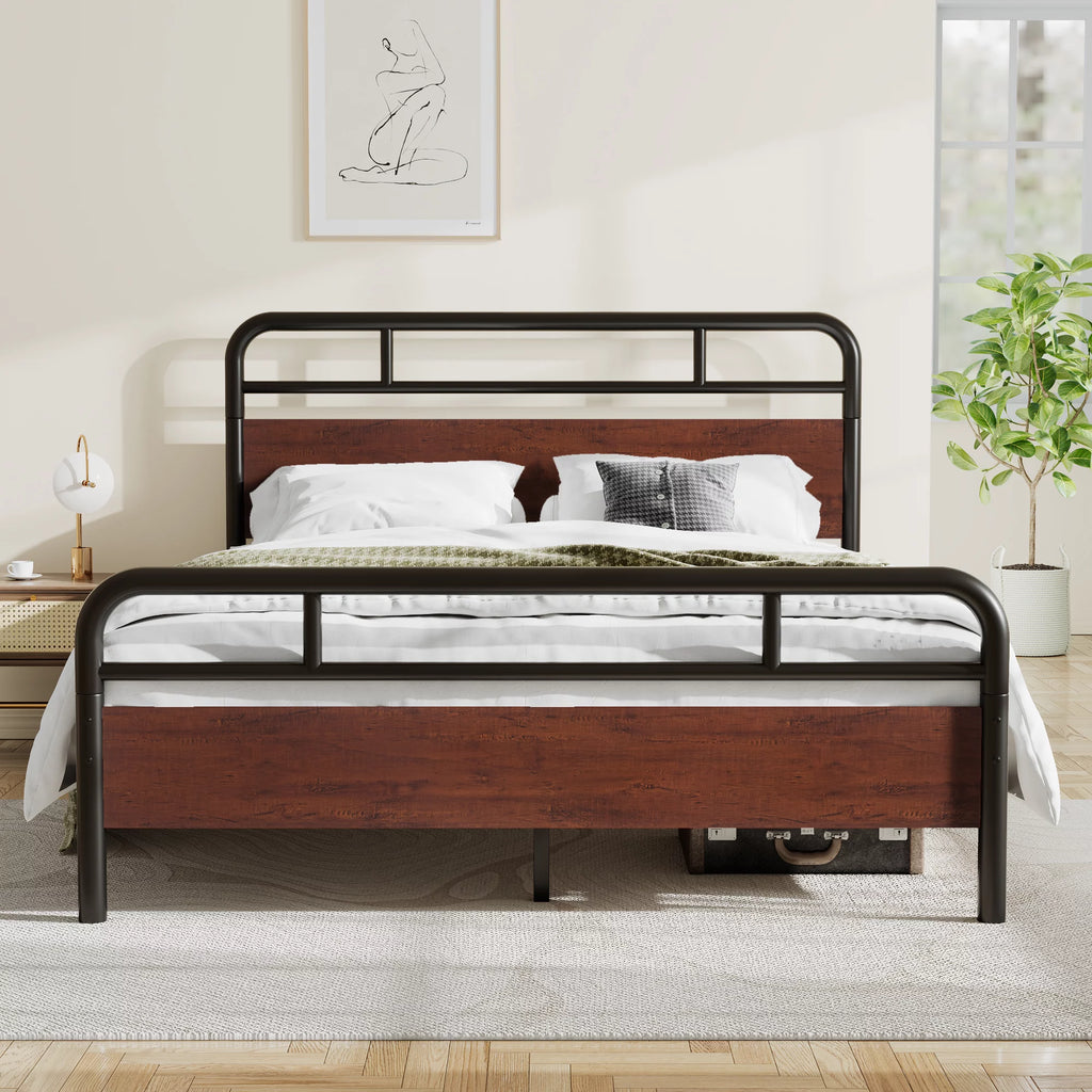 Dark Brown Queen Size Metal Platform Bed Frame with Wooden Headboard E92909