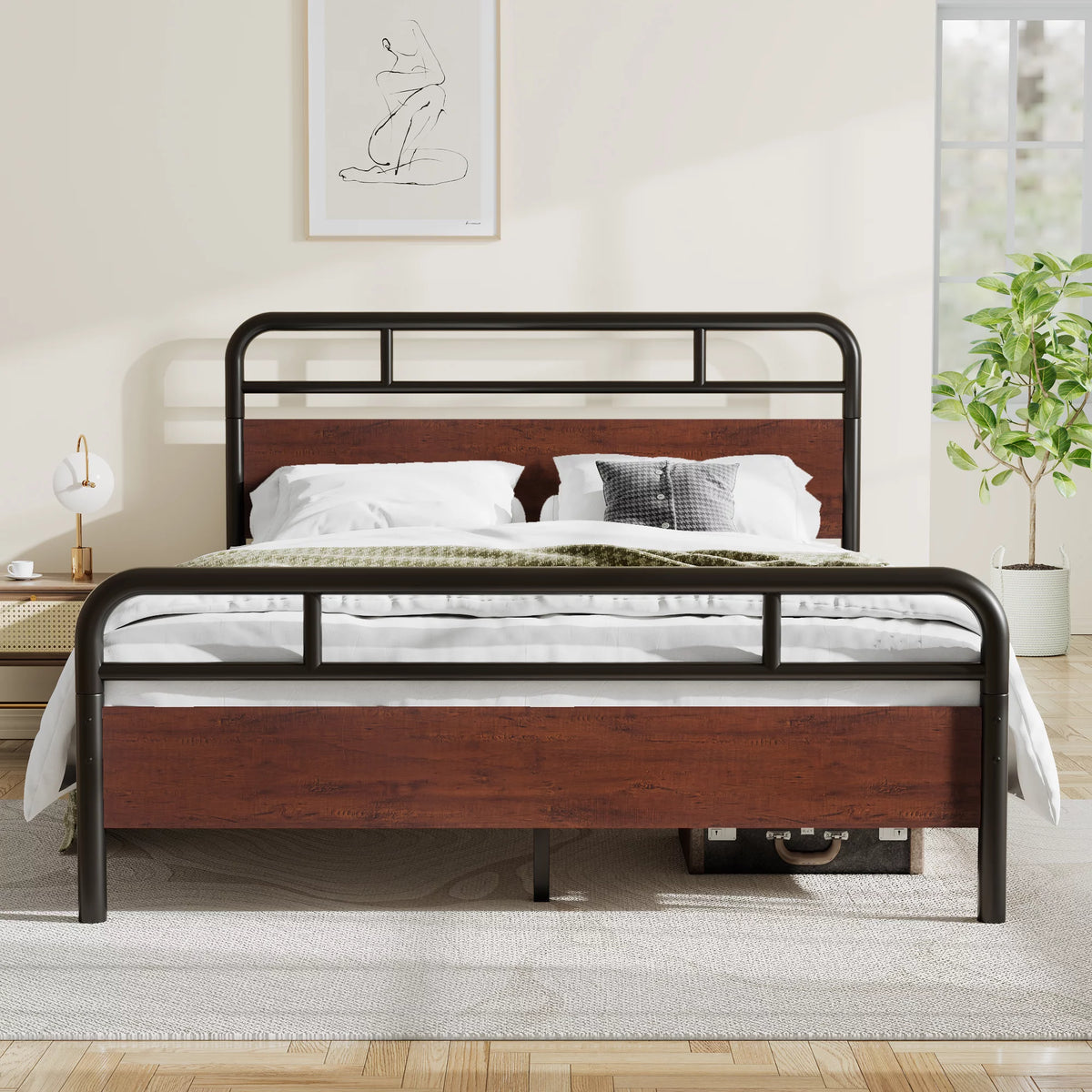Dark Brown Queen Size Metal Platform Bed Frame with Wooden Headboard E92909