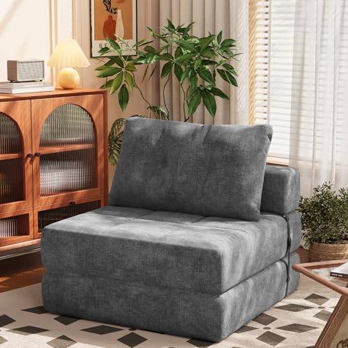 White Chenille Folding Sofa Bed with Headrest & Lumbar Pillow R184
