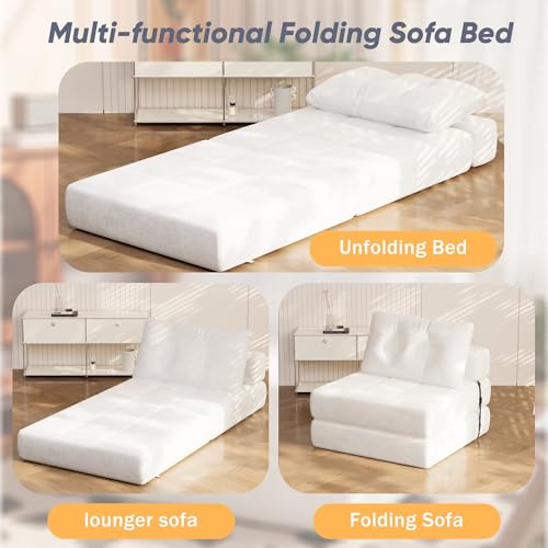 White Chenille Folding Sofa Bed with Headrest & Lumbar Pillow R184