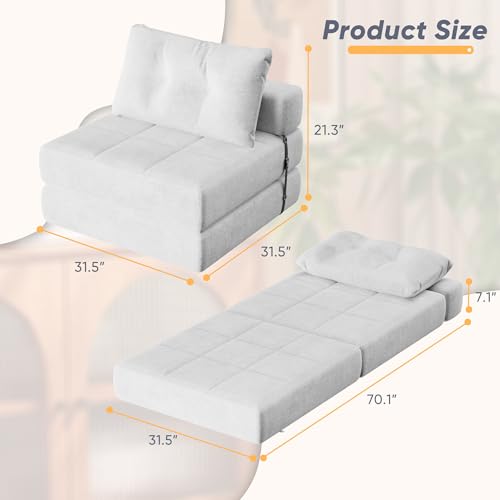 White Chenille Folding Sofa Bed with Headrest & Lumbar Pillow R184