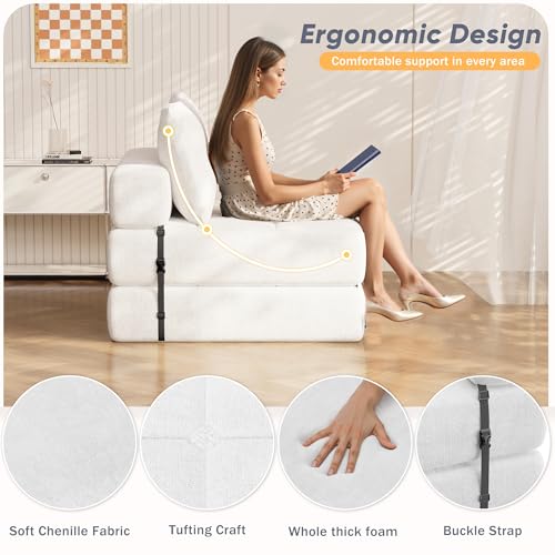 White Chenille Folding Sofa Bed with Headrest & Lumbar Pillow R184