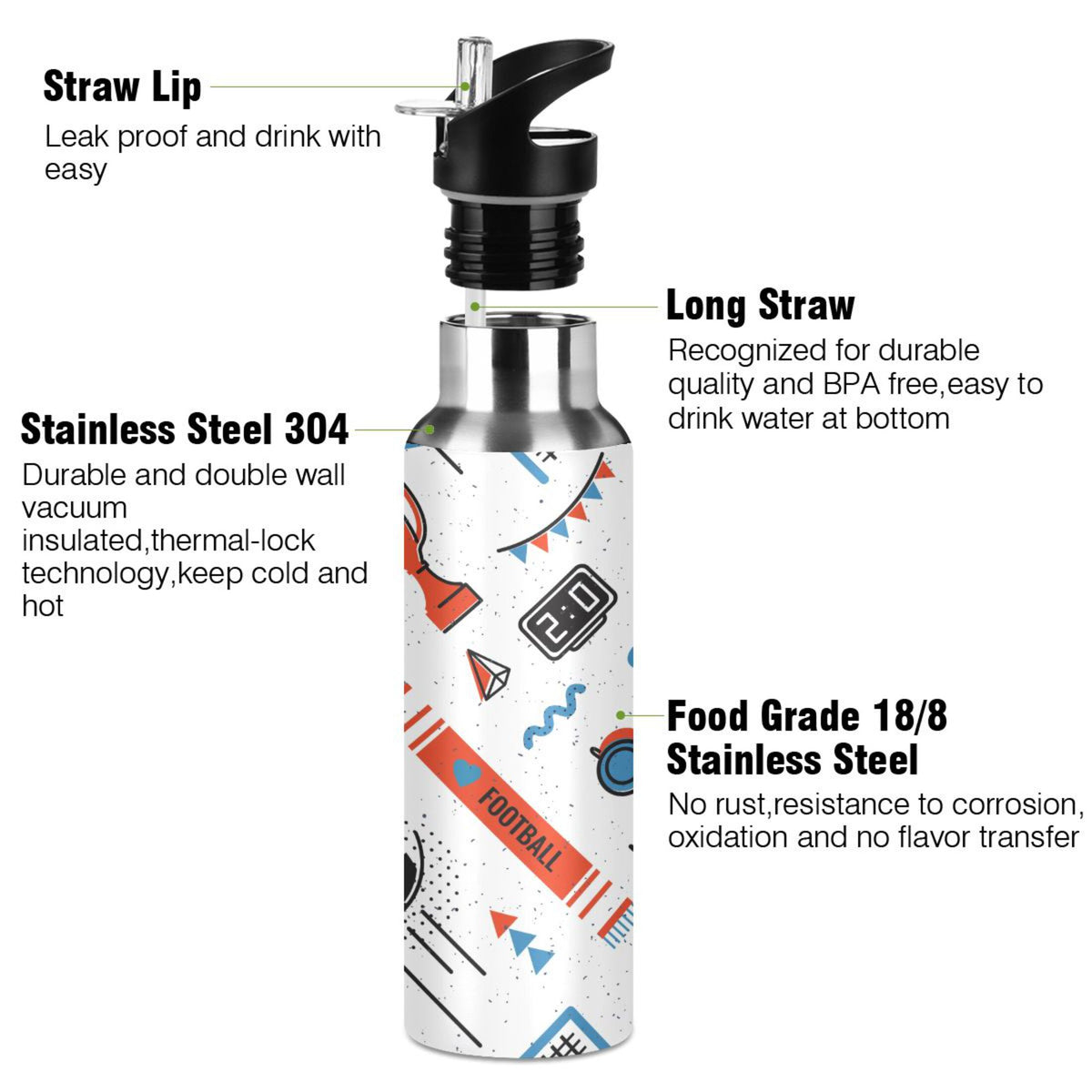 Stainless Steel Insulated Thermos Vacuum Flask Water Bottle with Straw Lid N7063