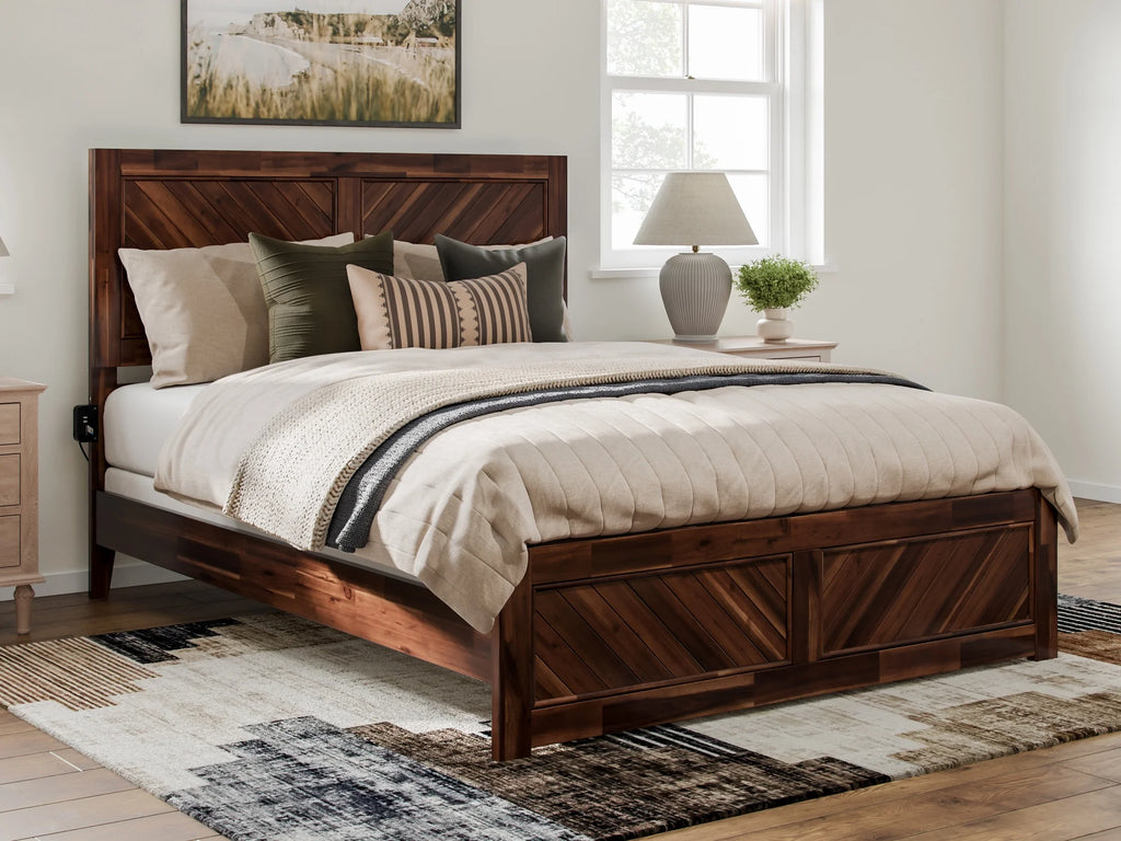Queen Solid Wood Low Profile Platform Bed with Footboard, Walnut T85879