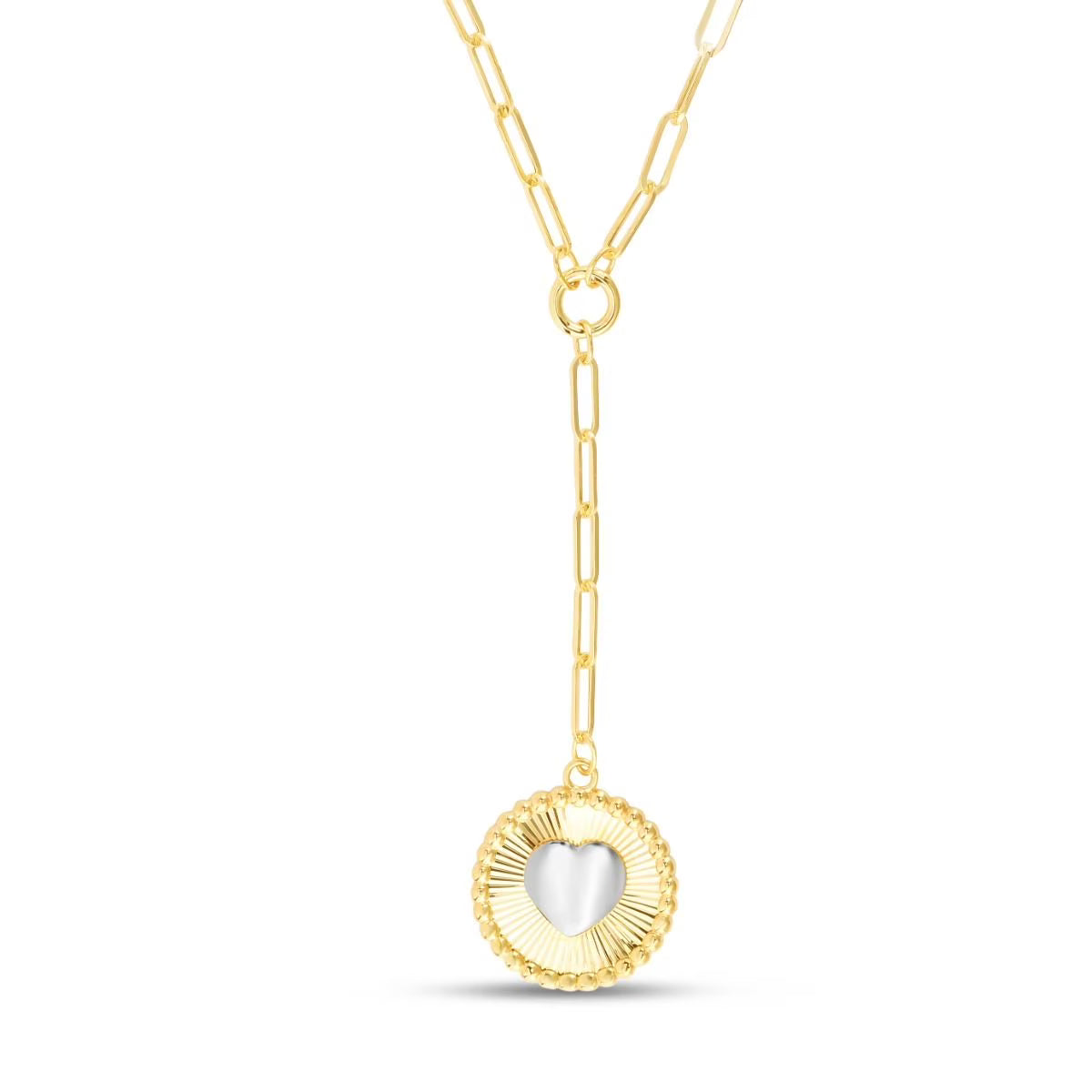 14K Yellow Gold Heart Two-tone Medallion Necklace on Paperclip Chain with Lobster Clasp - 18" S5128