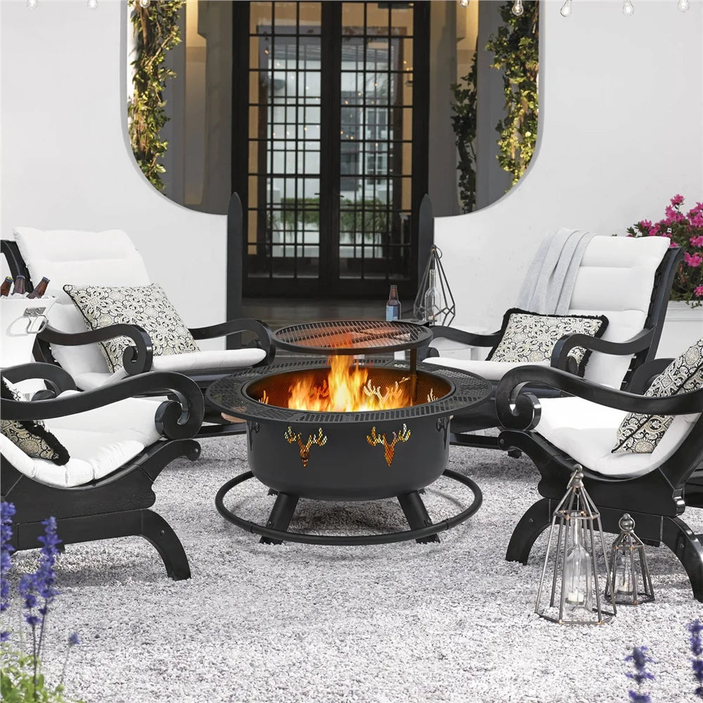 32'' Round Wood Burning Fire Pit with Poker & Swivel Cooking Grate Q877