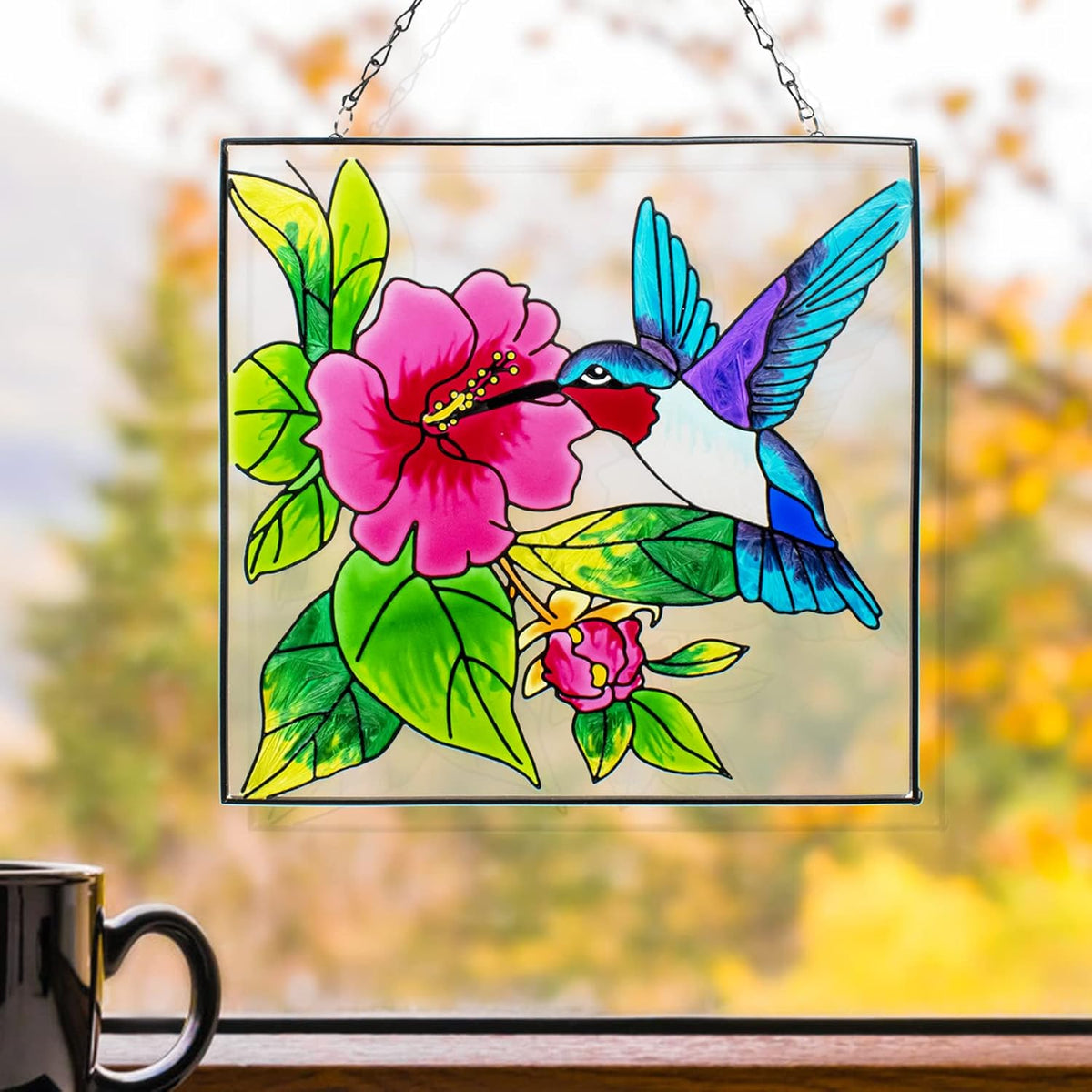 Hummingbird Stained Glass Window Hangings with Metal Chain C33679