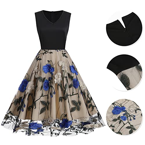 V Neck Sleeveless Mesh Floral Embroidery Dress D9590