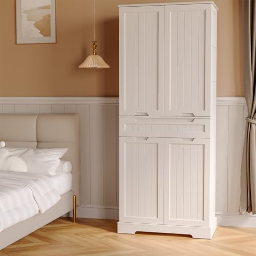 White Tall Kitchen Pantry Storage Cabinet with Doors and Shelves W16555