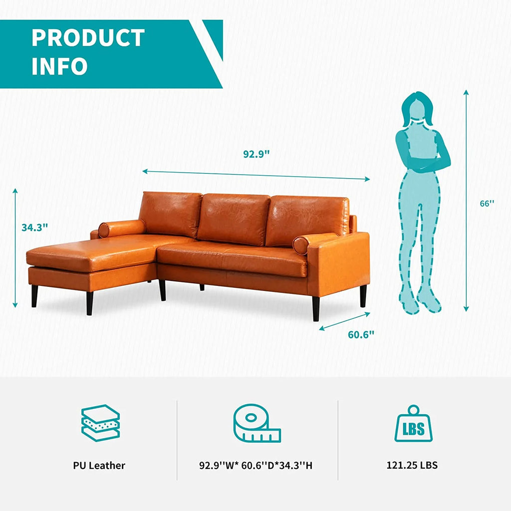 Convertible Sectional Sofa with Reversible Chaise, 3 Seat Faux Leather L-Shape Sofa with 2 Cylindrical Pillows F4867