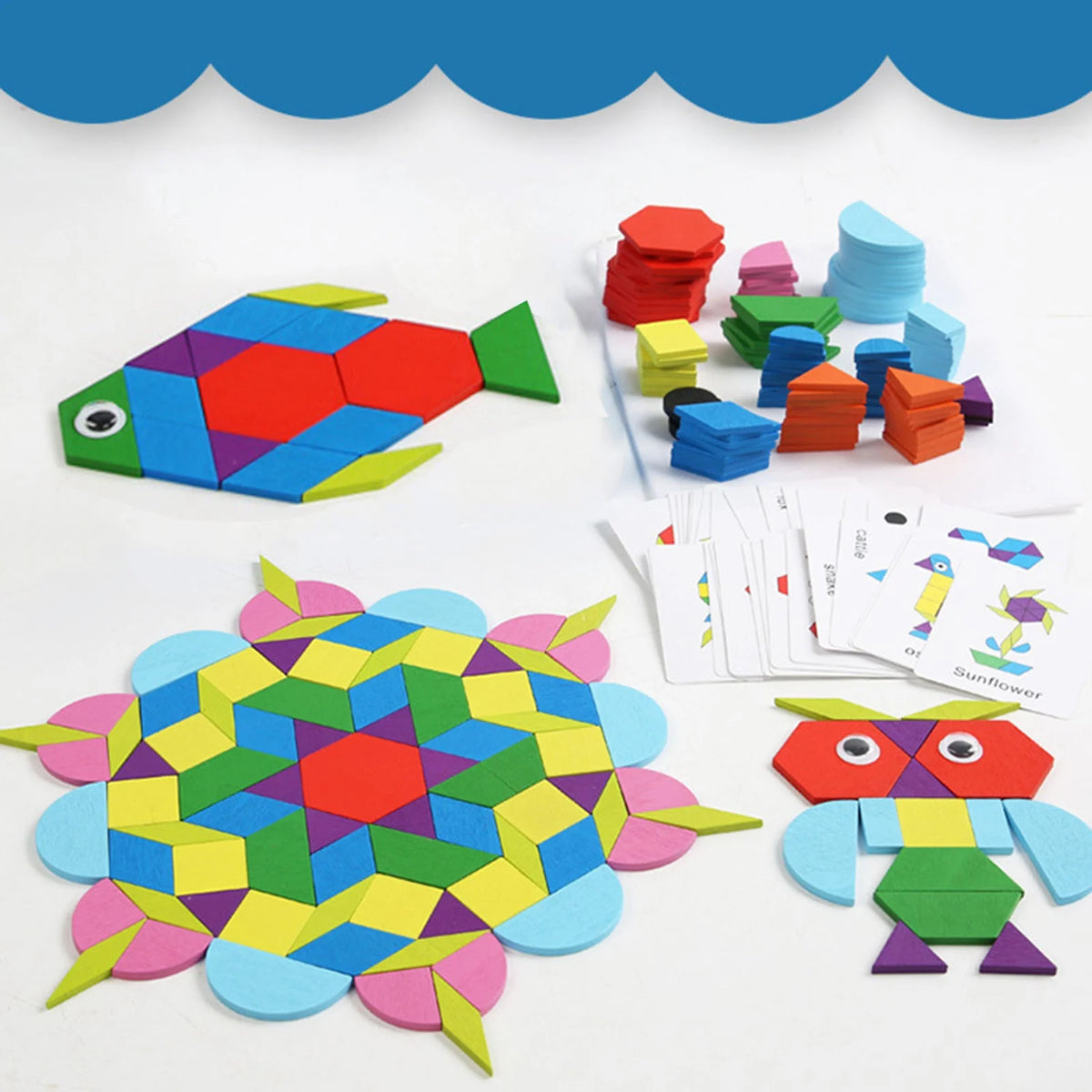 Wooden Pattern Blocks Geometric Shapes Toy with Cards E455629