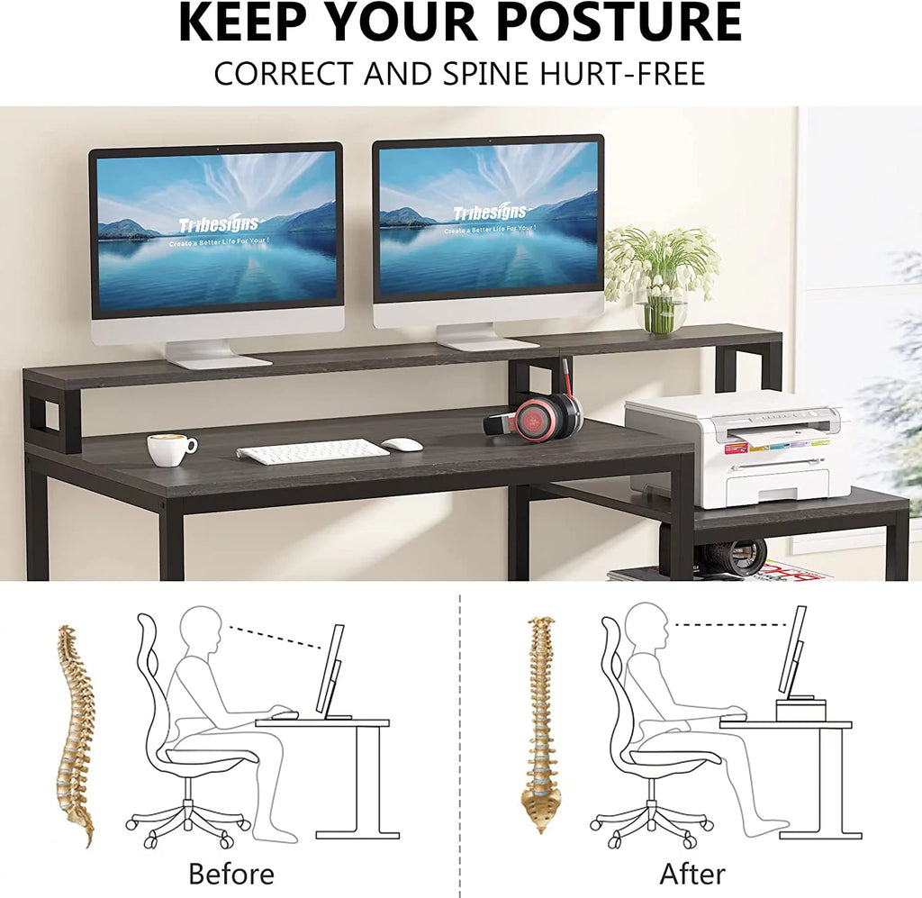 60" Gray Computer Desk with File Drawer and Storage Shelves R11737