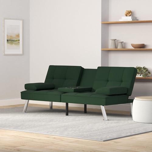 Gray Linen Folding Futon Sofa Bed with Cupholders W88856