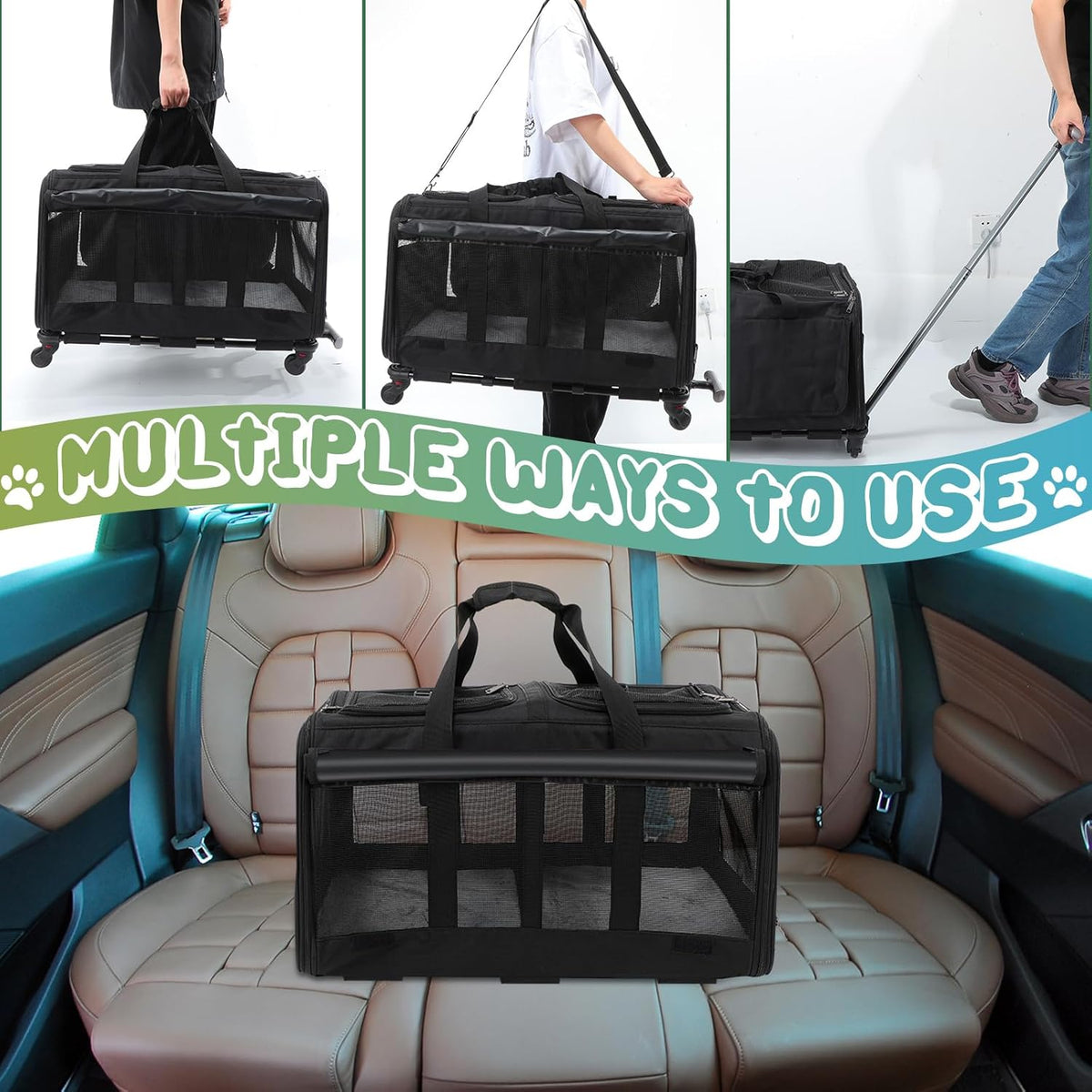 Black Large Rolling Double Compartment Pet Carrier with Wheels P7750