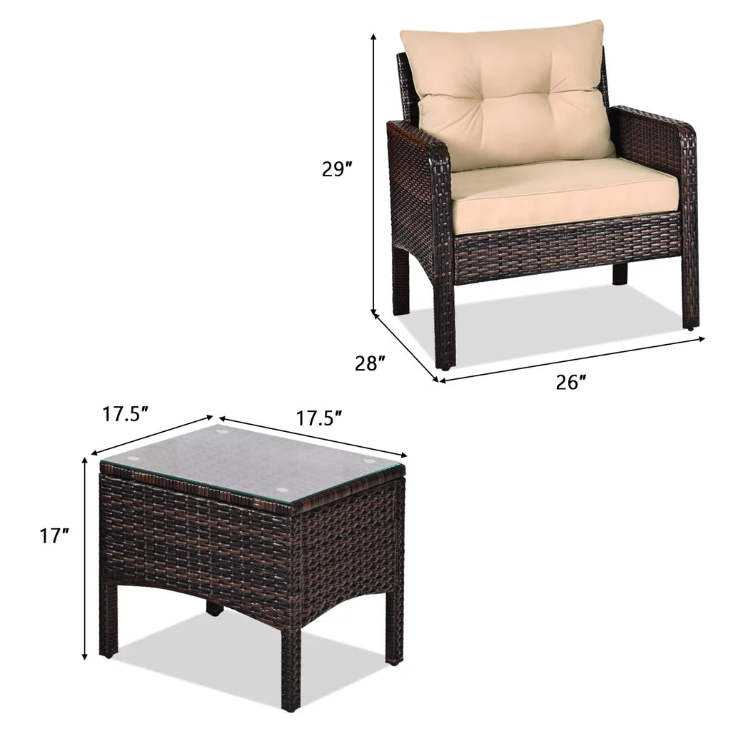3PCS Brown Patio Rattan Furniture Set with Cushioned Chairs Coffee Table M67627