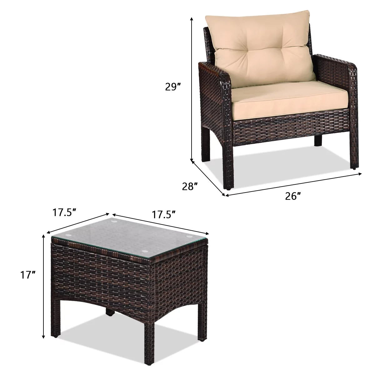 3PCS Brown Patio Rattan Furniture Set with Cushioned Chairs Coffee Table M67627