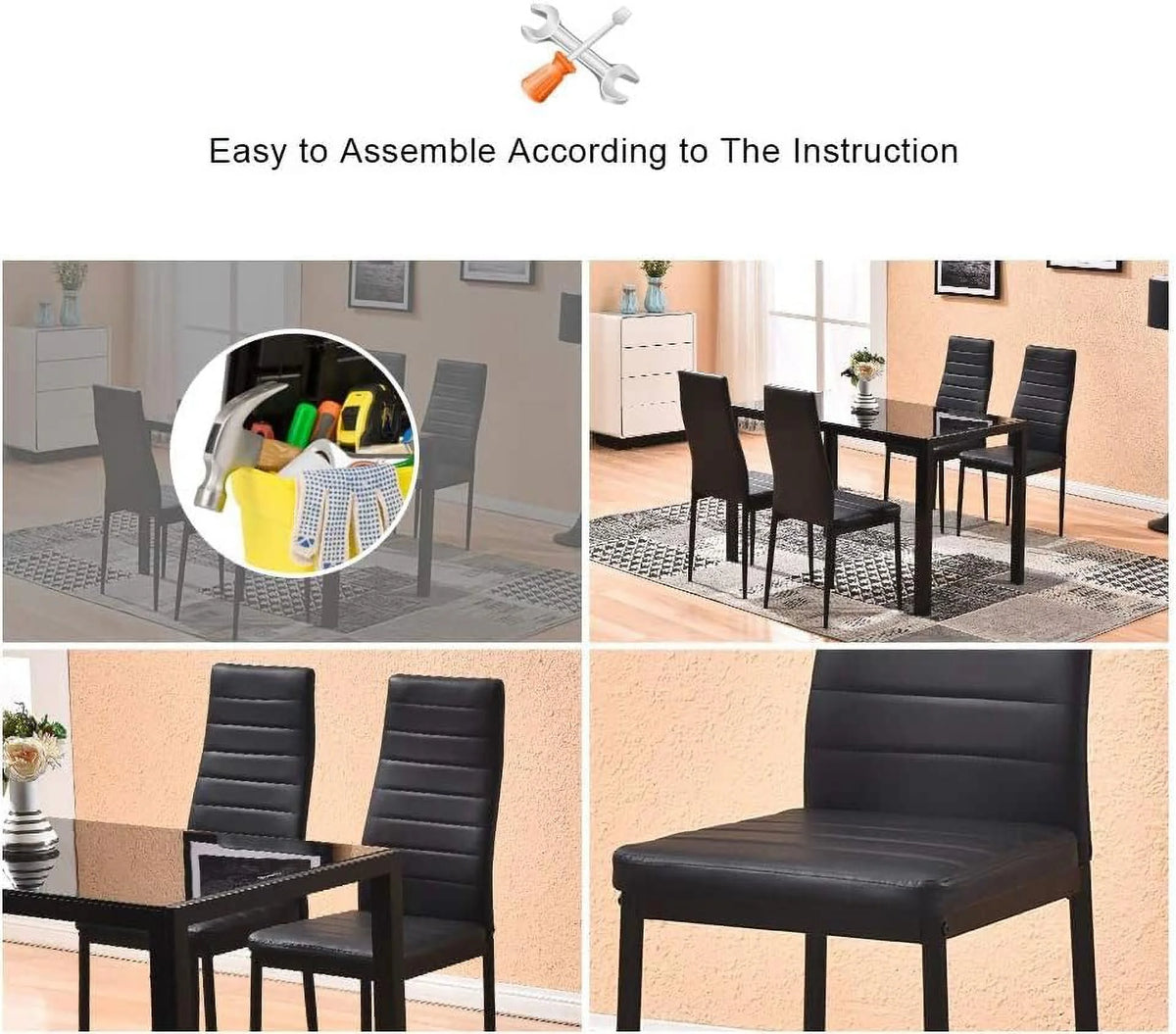 Black 5 Pieces Glass Dining Table and Chairs Set of 4 P37176