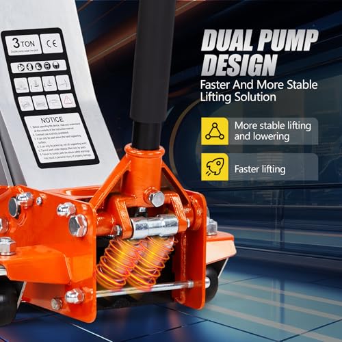 Low Profile Floor Jack, Dual Pistons Quick Lift Pump, Orange D92674