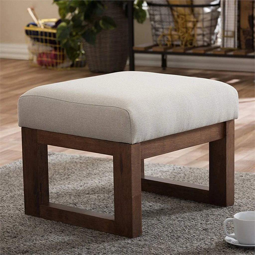 Light Beige and Walnut Upholstered Ottoman H115486