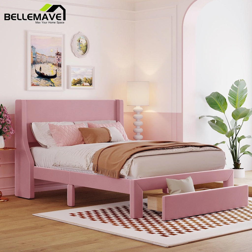 Full Size Pink Velvet Platform Bed with Drawer U573404