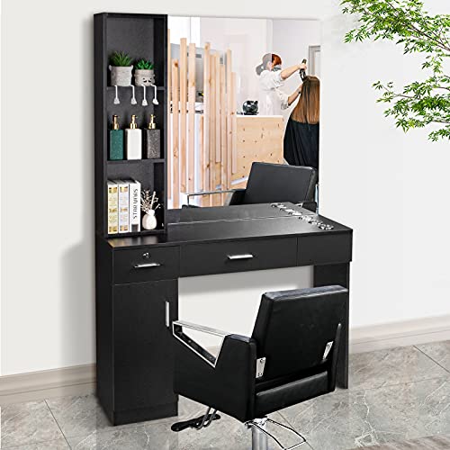 Black Wall Mount Barber Station with Mirror, 2 Drawers, 1 Storage Cabinet, 3 Open Shelves K884802