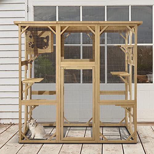 70 Inch Wooden Catio with Resting Box and 6 Jumping Platforms Y40050