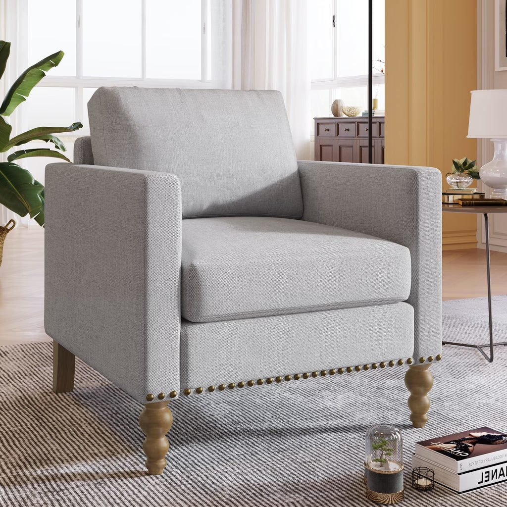 Light Gray Linen Armchair with Wooden Legs G76024