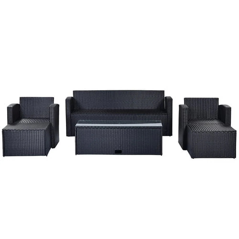 6 Piece Outdoor Patio Furniture Conversation Set with Coffee Table, All-Weather Wicker PE Rattan Sectional Sofas with Ottomans, Black Wicker Beige Cushion A26920
