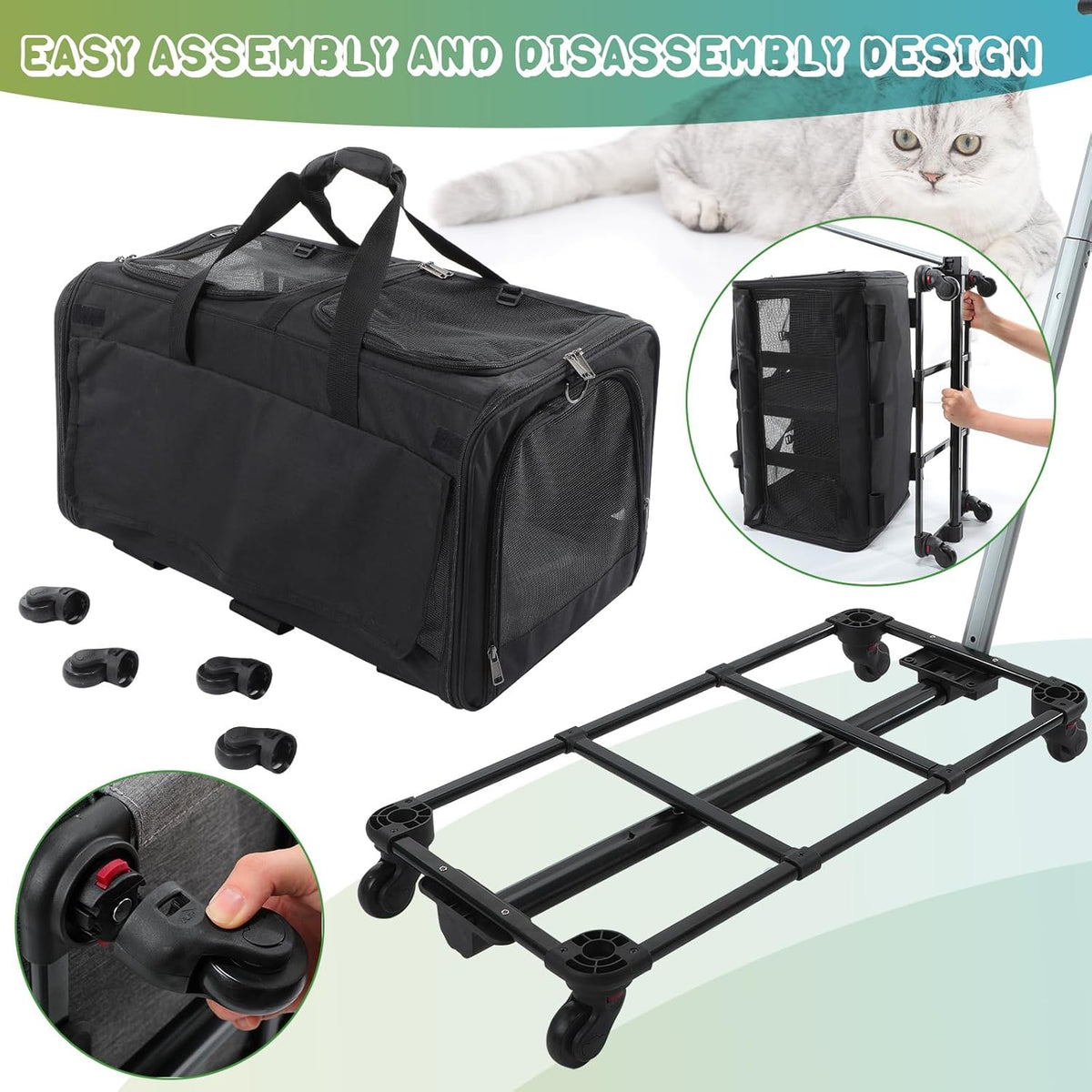 Black Large Rolling Double Compartment Pet Carrier with Wheels P7750