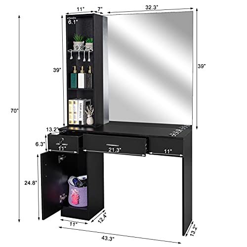 Black Wall Mount Barber Station with Mirror, 2 Drawers, 1 Storage Cabinet, 3 Open Shelves K884802