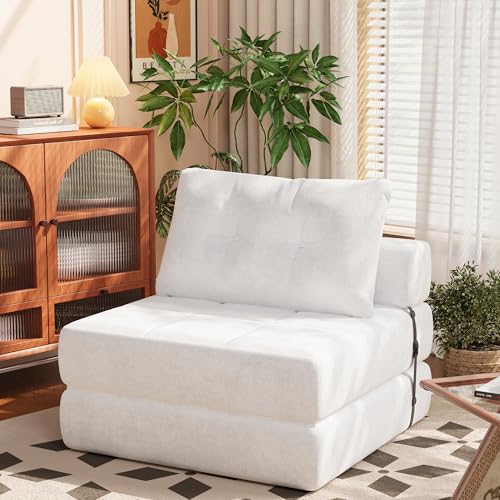 White Chenille Folding Sofa Bed with Headrest & Lumbar Pillow R184