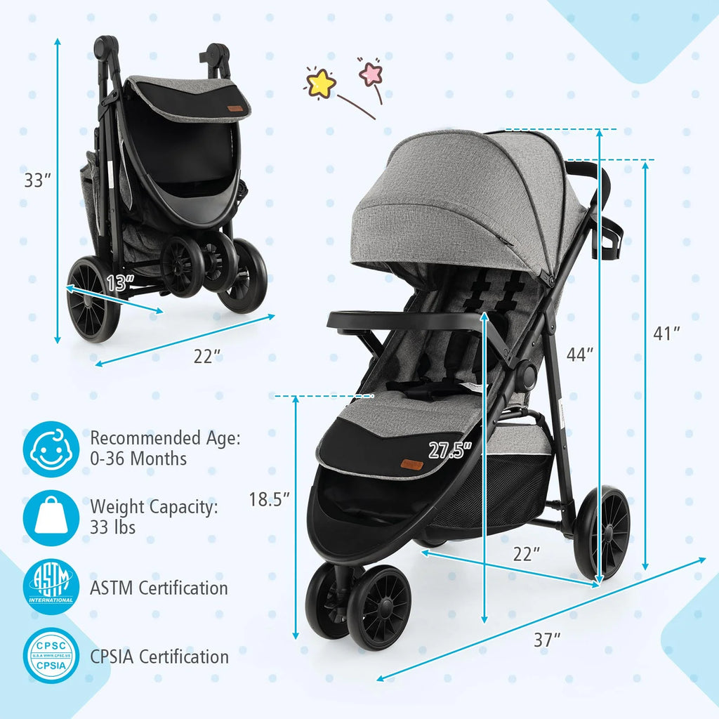 Baby Jogging Stroller Travel System with Adjustable Canopy Grey A748725