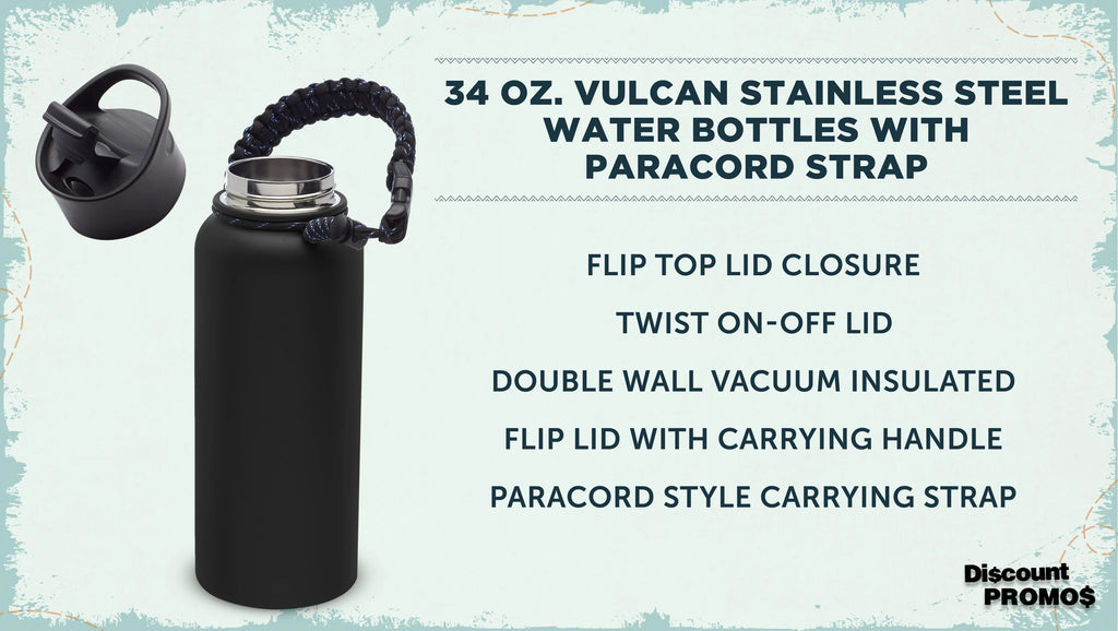 6 Vulcan Stainless Steel Water Bottles with Strap Set, 34 oz. - Double Wall, Vacuum Insulated - Black M855603