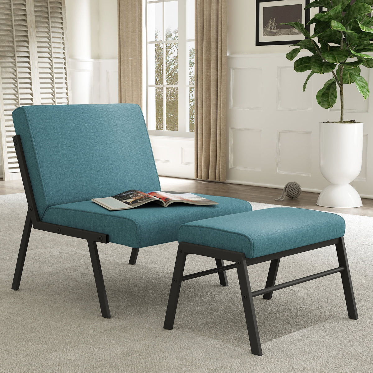 Green Linen Fabric Accent Chair with Ottoman Set R610