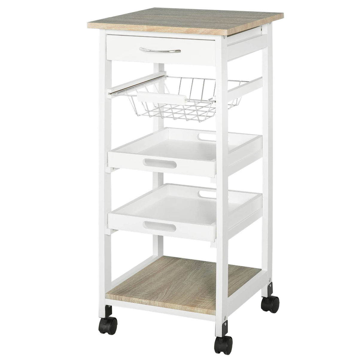 White Mobile Rolling Kitchen Island Trolley Serving Cart with Drawer and Wire Storage Basket O191516