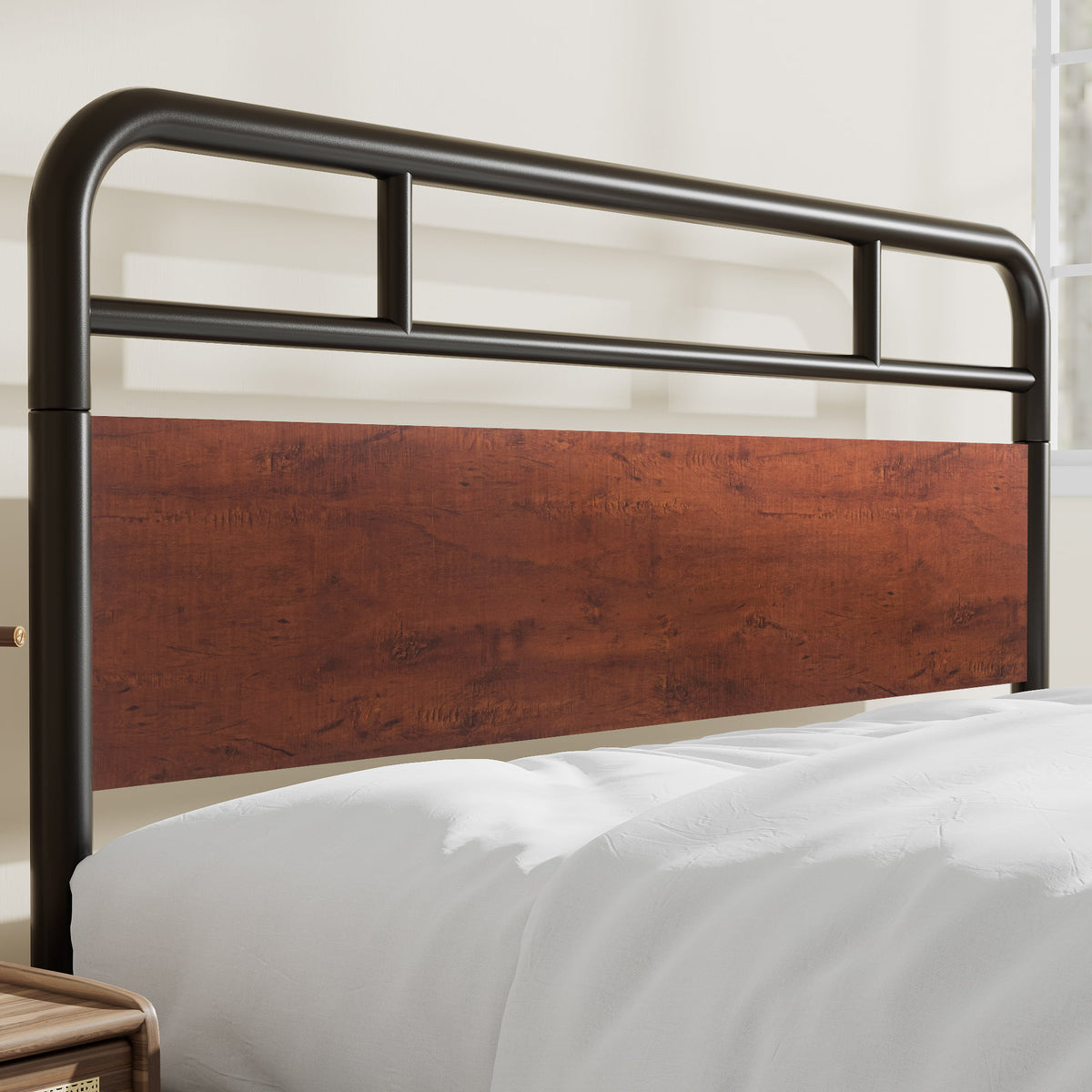 Dark Brown Queen Size Metal Platform Bed Frame with Wooden Headboard E92909